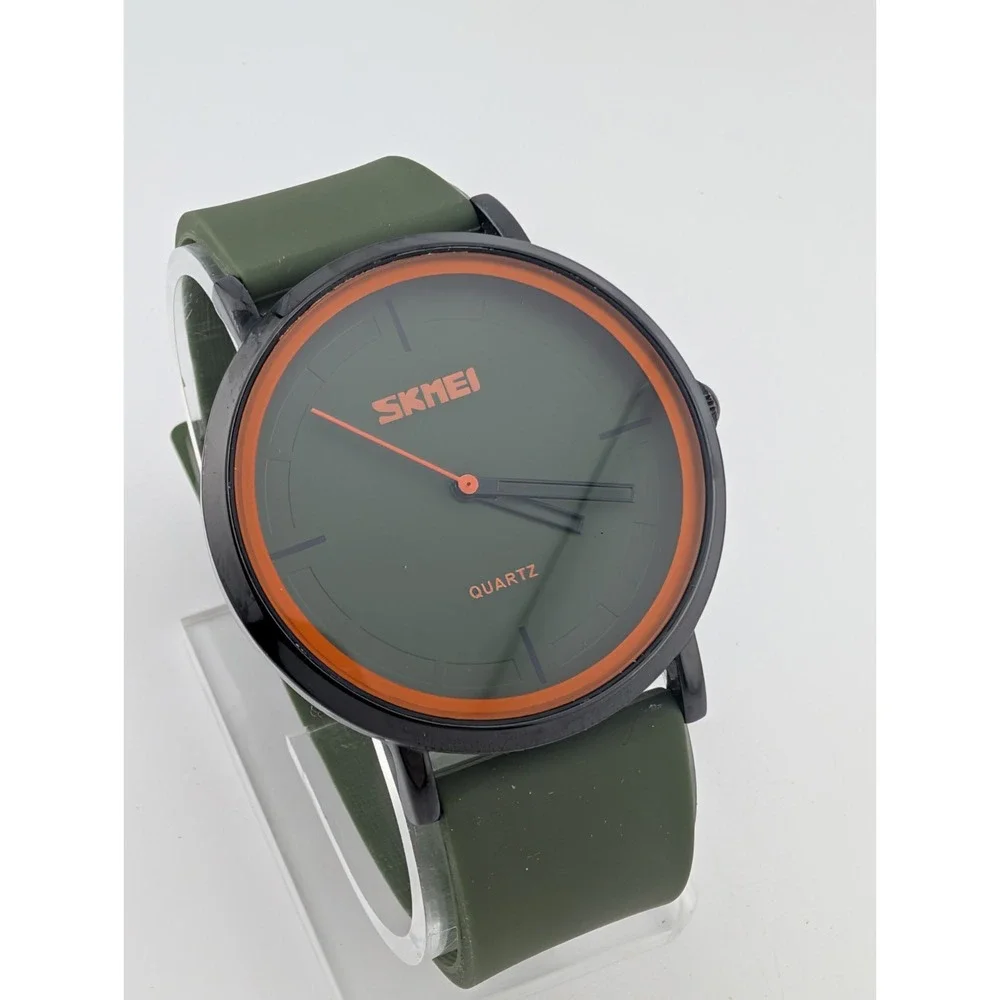 SKMEI Men's Watch Olive Green Silicone Band Black Orange Accents- New Battery